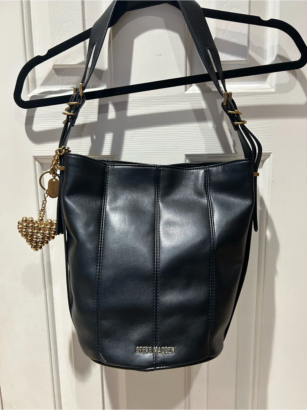 Steve Madden Black Leather Bucket Shoulder Bag with Gold Heart Charm